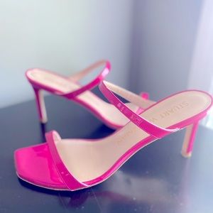Stuart Weitzman Aleena 75 Naked Pink Patent Leather Slide-Heel Sandals Size 8